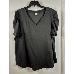Xieerduo Womens Black V-Neck Pleated Puff Short Sleeve Knit Top XL